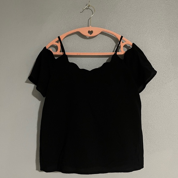 Black Blouse with Scalloped Neckline and Off Shoulder Sleeves - Picture 1 of 4